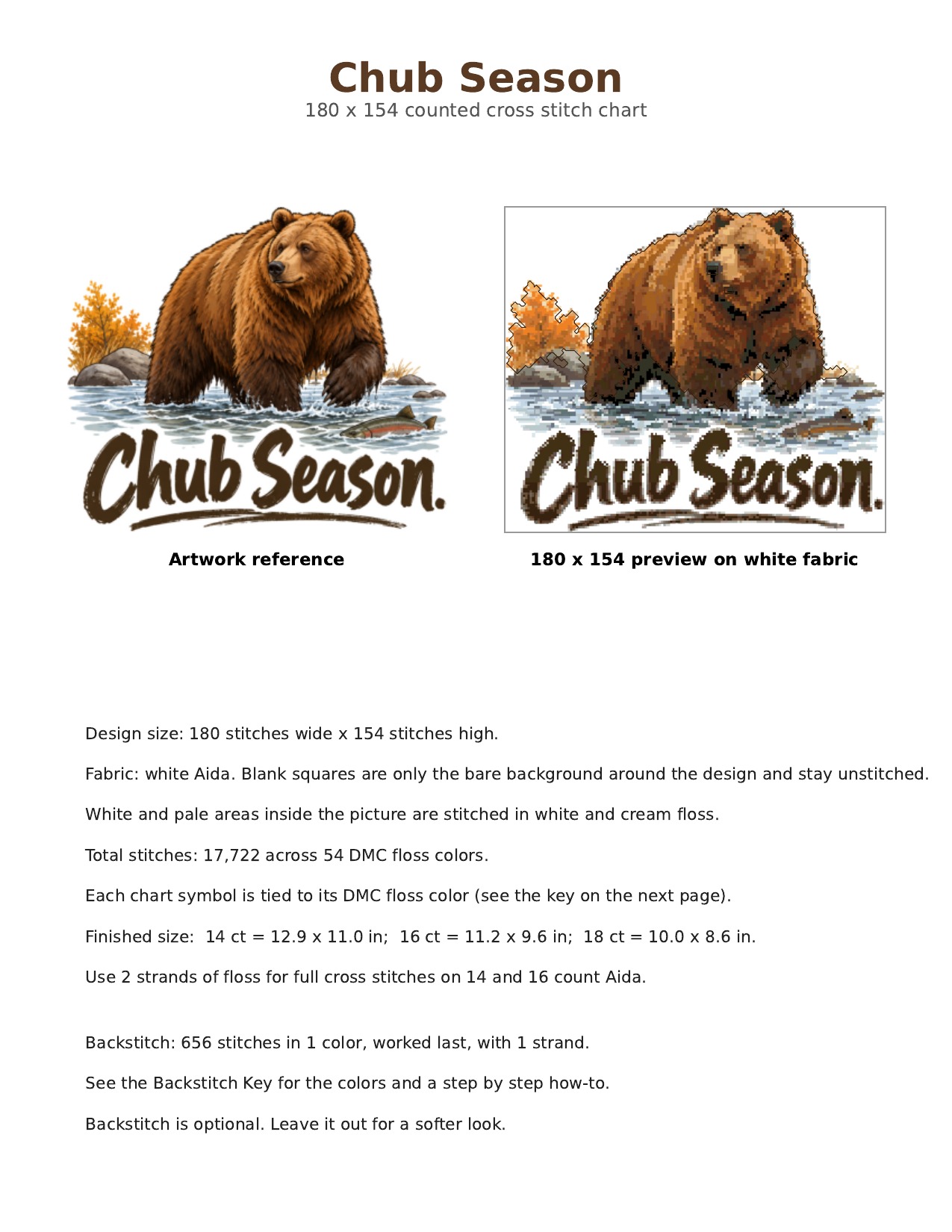 Chub Season Fat Bear Cross Stitch Pattern, Fat Bear Week Brooks Falls Katmai Alaska Brown Bear Autumn River PDF