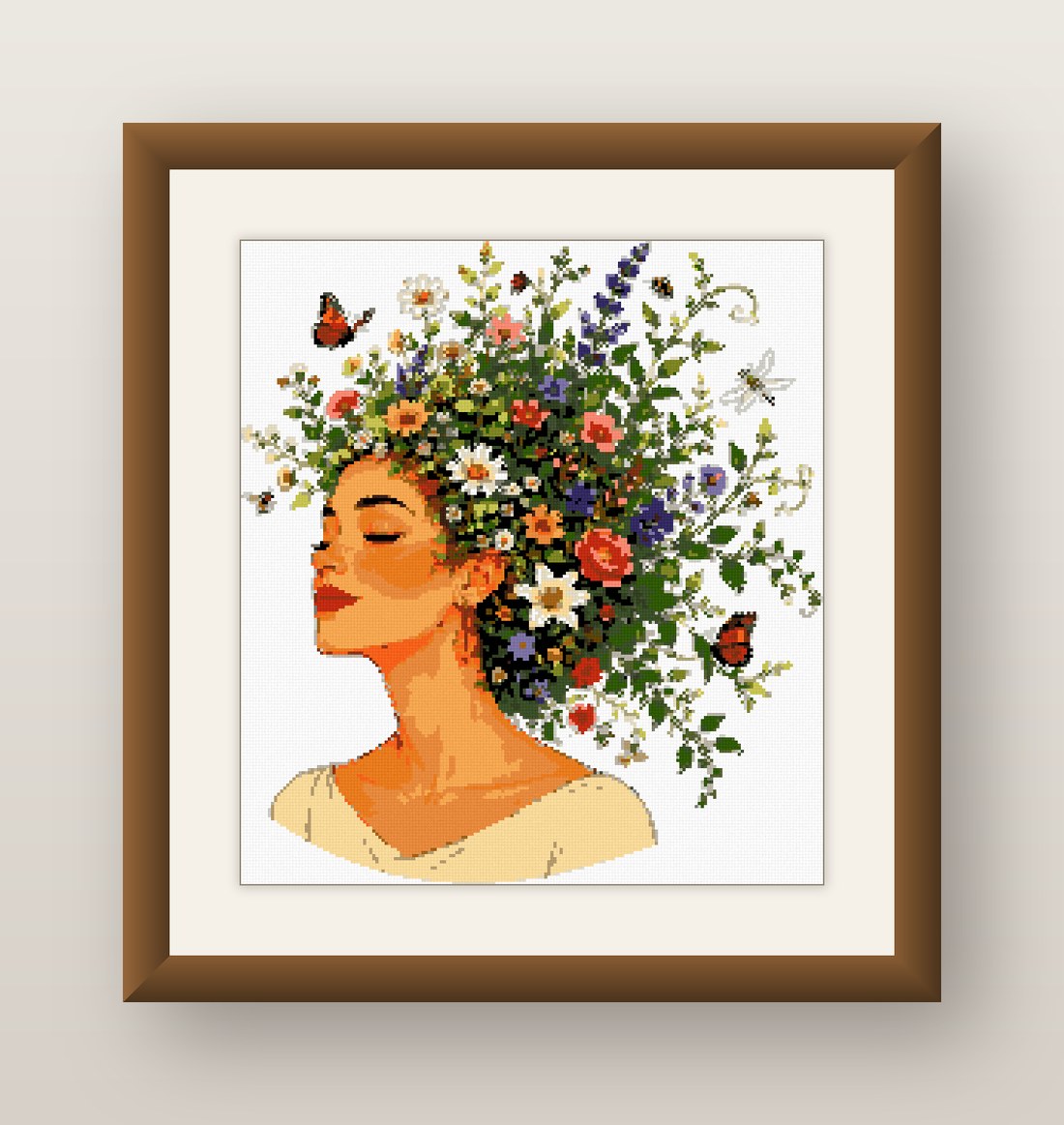 Wildflower Hair Woman Cross Stitch Pattern, Floral Portrait PDF