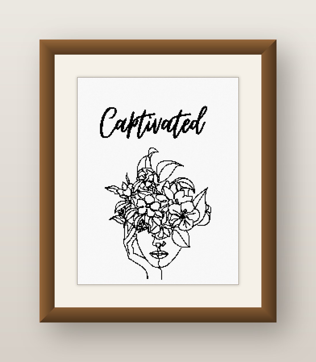 Captivated Cross Stitch Pattern, Minimalist Floral Line Art Woman PDF