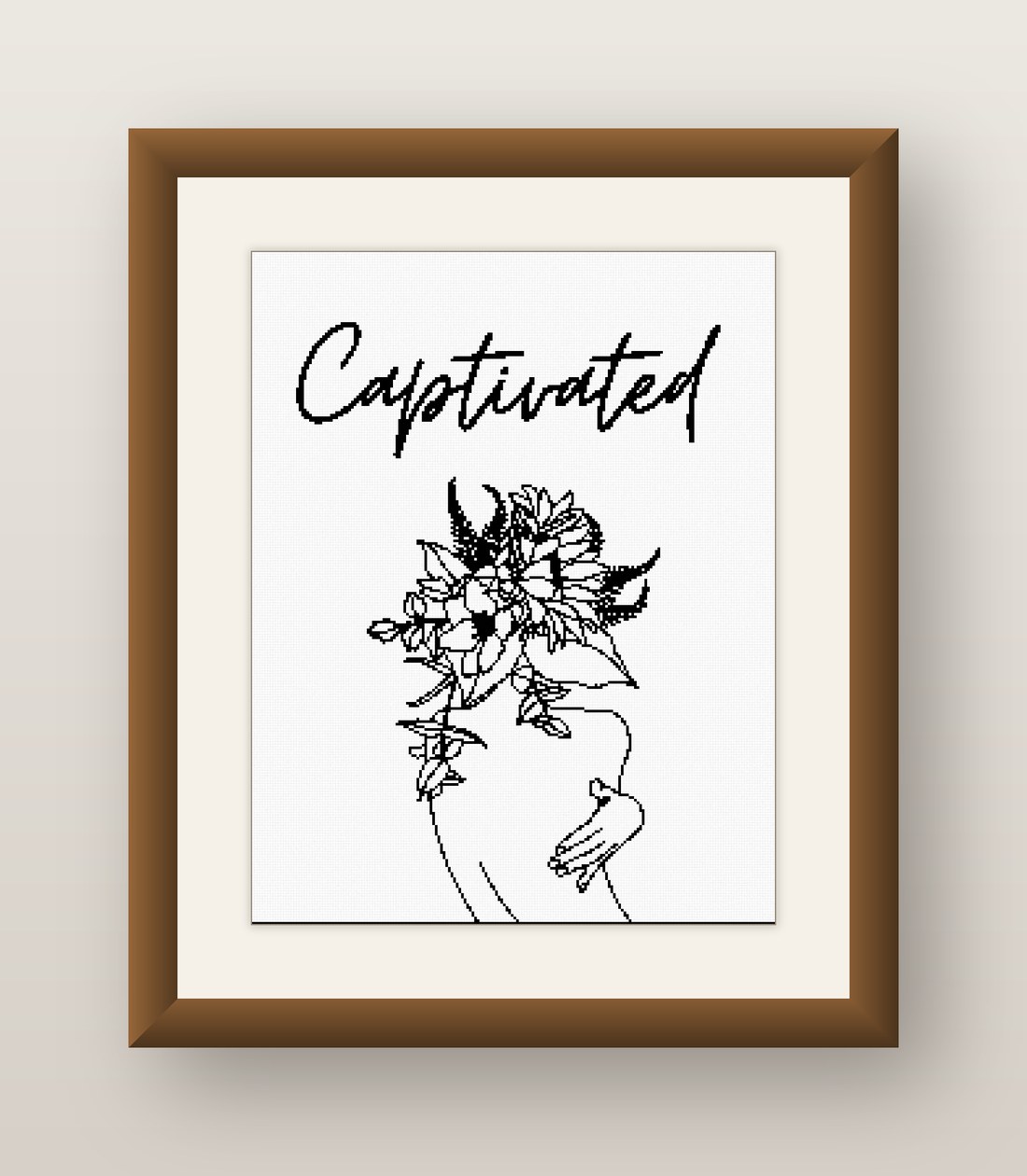 Captivated Cross Stitch Pattern, Minimalist Floral Line Art Woman PDF