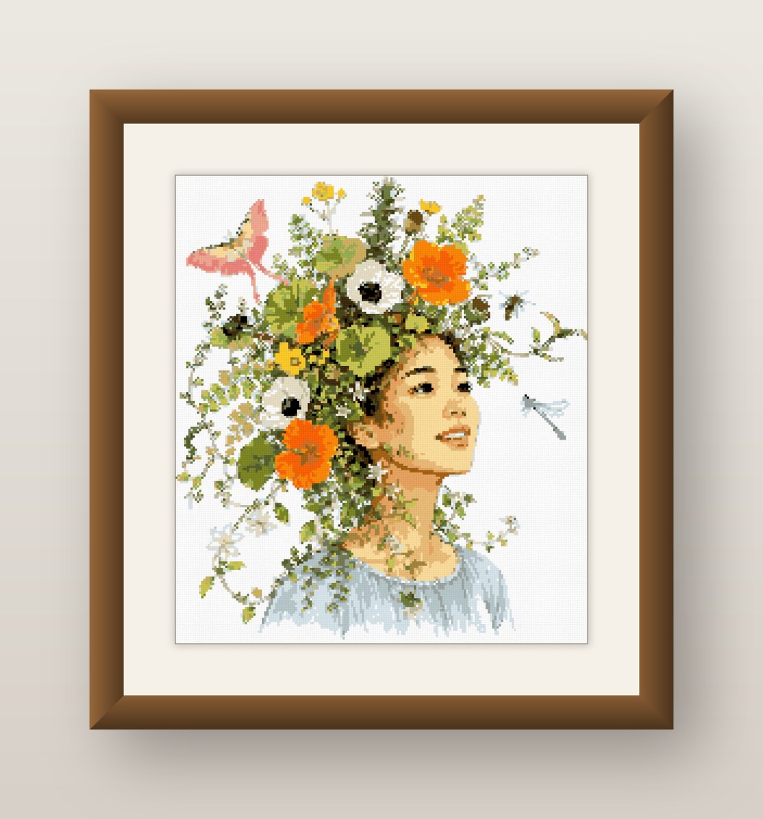 Daisy Hair Woman Cross Stitch Pattern, Floral Portrait Fantasy PDF