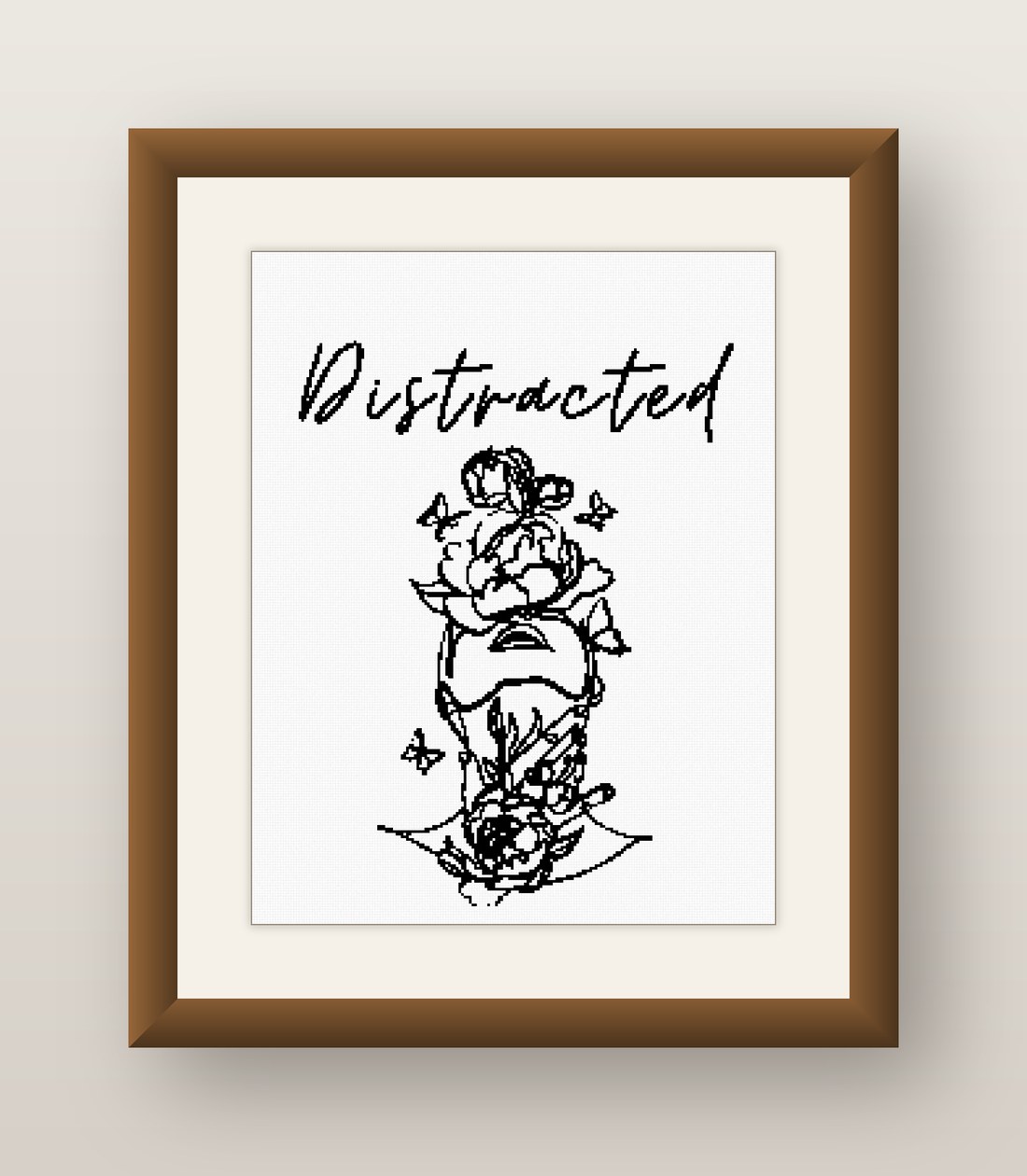 Distracted Cross Stitch Pattern, Minimalist Floral Line Art Woman PDF