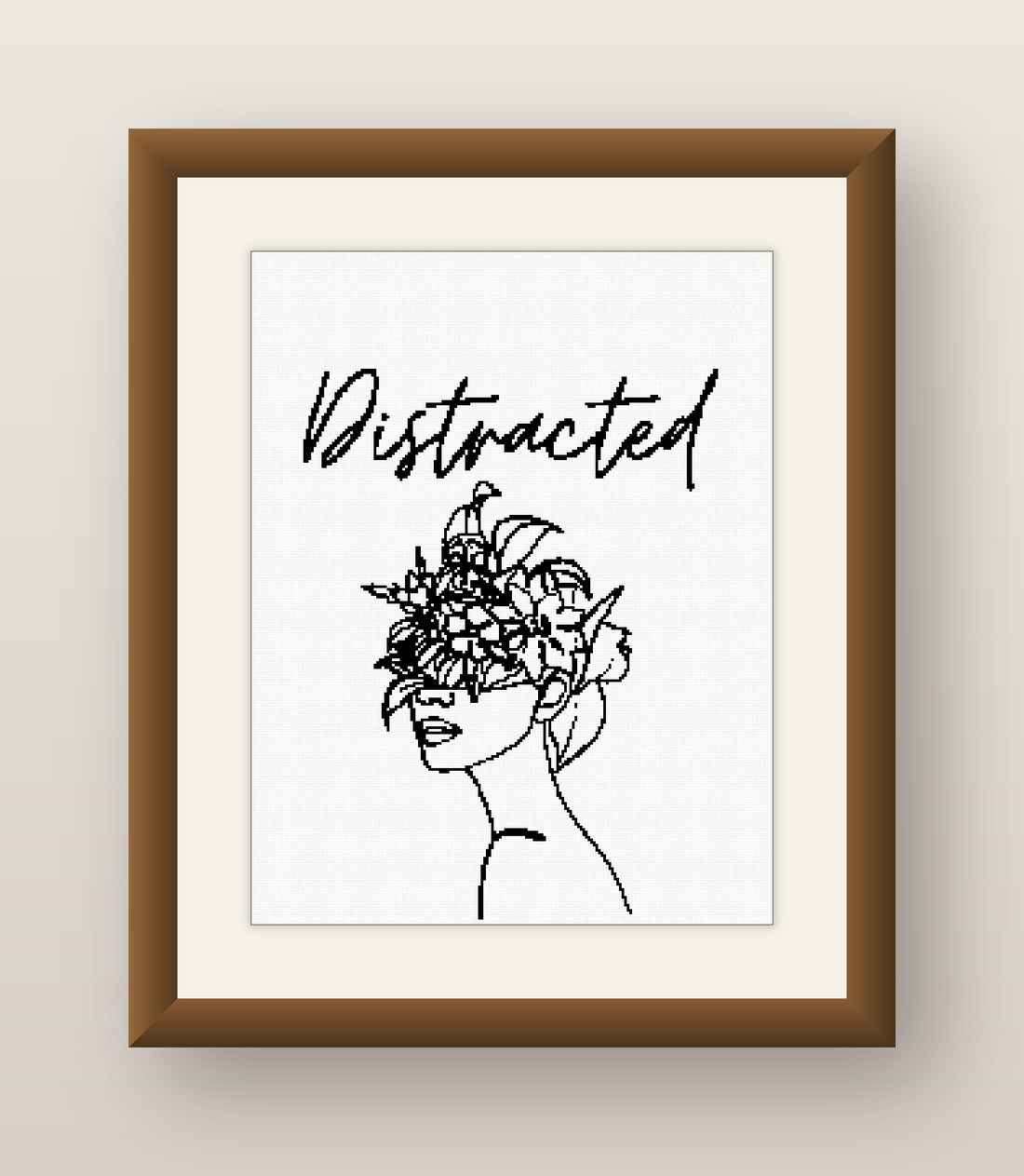 Distracted Cross Stitch Pattern, Minimalist Floral Line Art Woman PDF