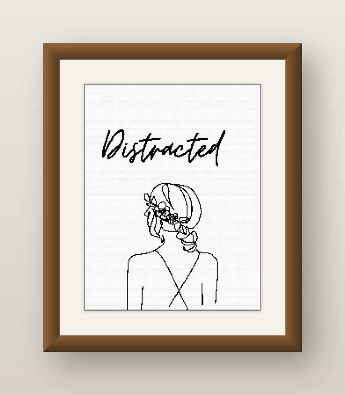 Distracted Cross Stitch Pattern, Minimalist Floral Line Art Woman PDF