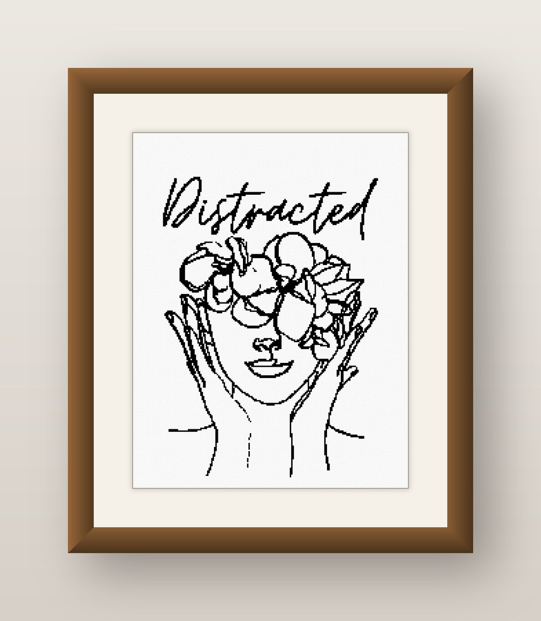 Distracted Cross Stitch Pattern, Minimalist Floral Line Art Woman PDF