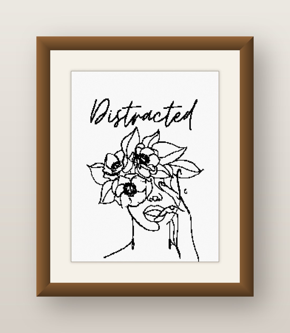 Distracted Cross Stitch Pattern, Minimalist Floral Line Art Woman PDF