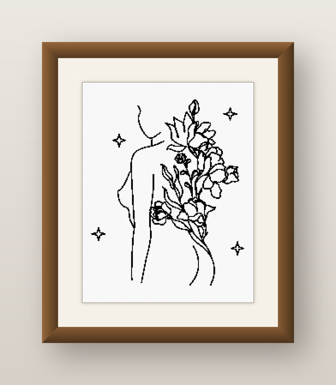 Floral Hair Cross Stitch Pattern, Minimalist Line Art Woman PDF