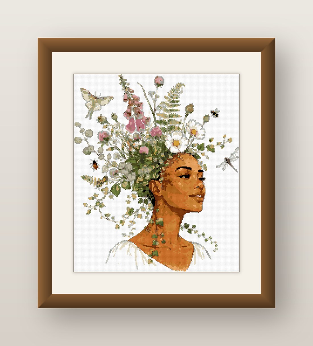 Floral Hair Woman Cross Stitch Pattern, Wildflower Portrait PDF