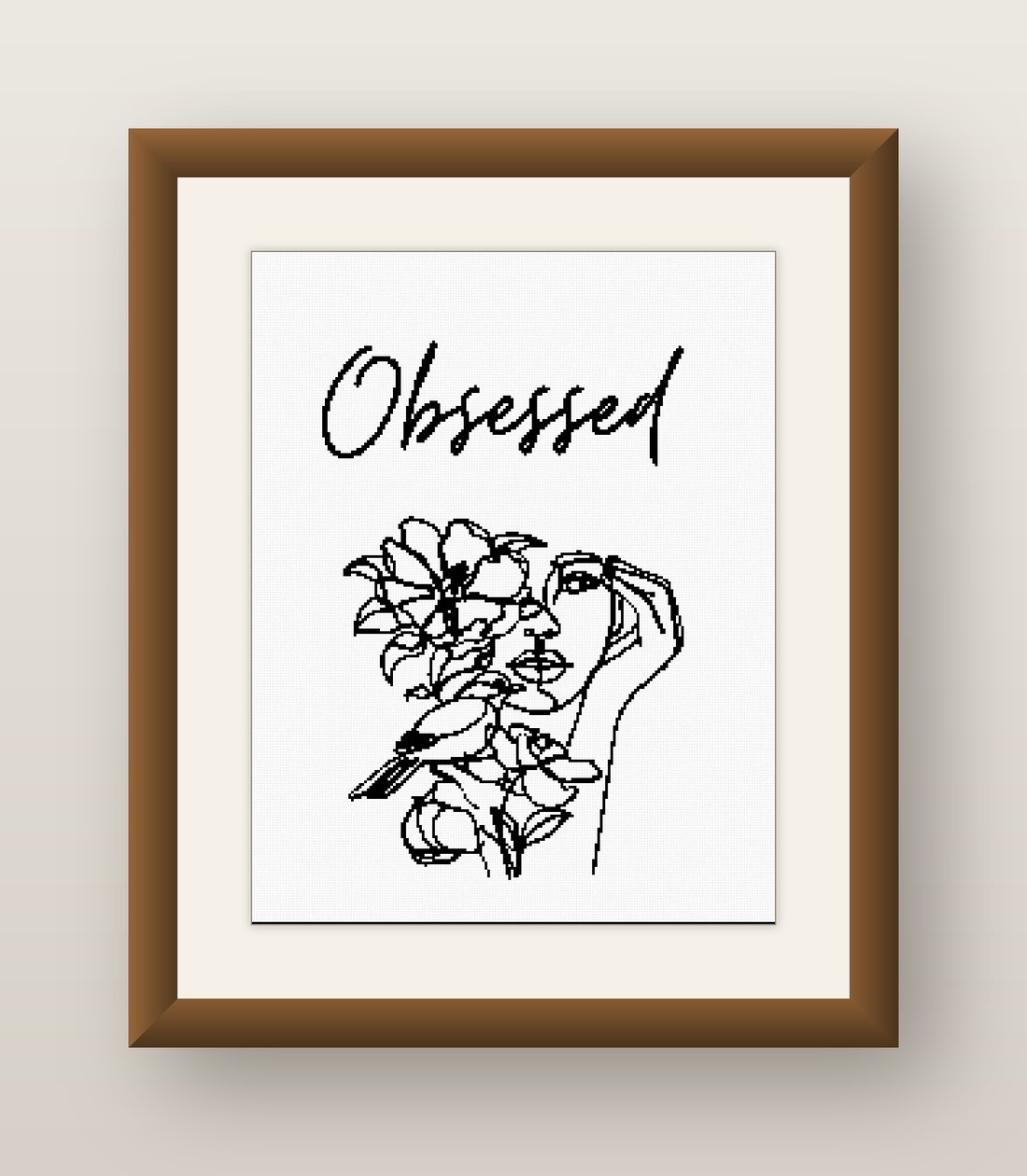 Obsessed Cross Stitch Pattern, Minimalist Floral Line Art Woman PDF