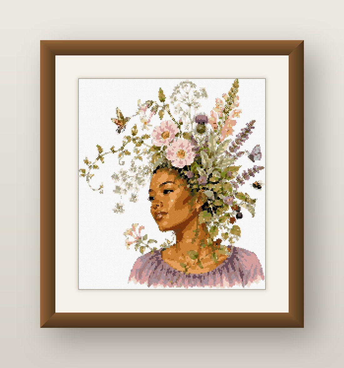 Floral Hair Woman Cross Stitch Pattern, Pink Blossom Portrait PDF