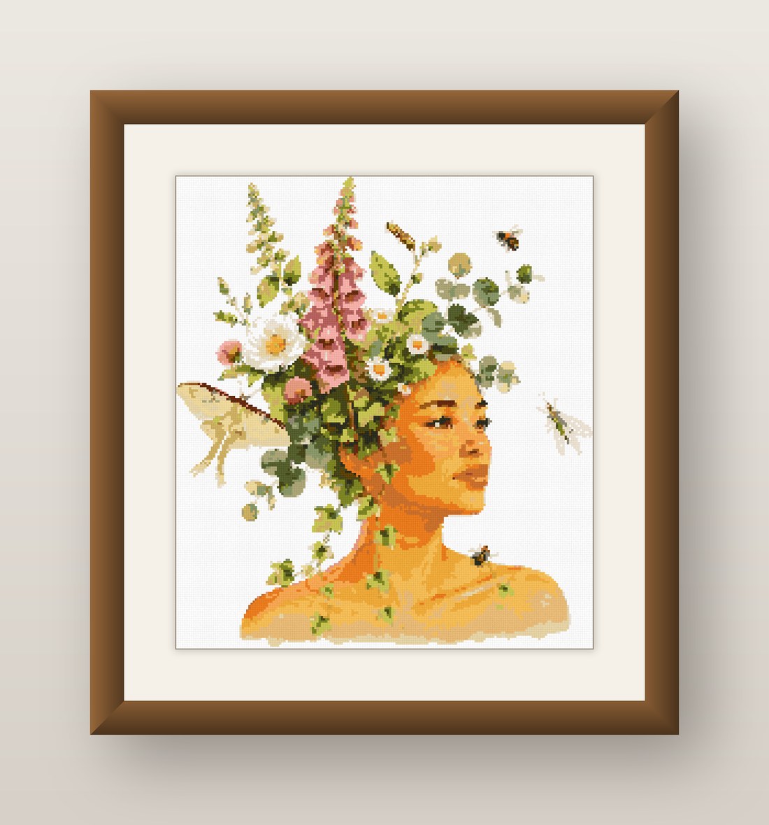 Pink Floral Hair Woman Cross Stitch Pattern, Foxglove Portrait PDF