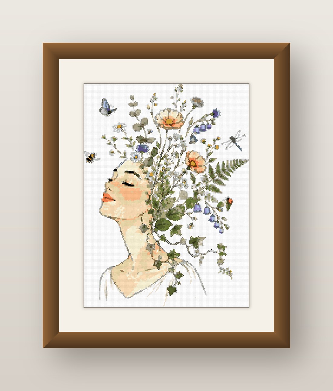 White Floral Hair Woman Cross Stitch Pattern, Wildflower Portrait PDF