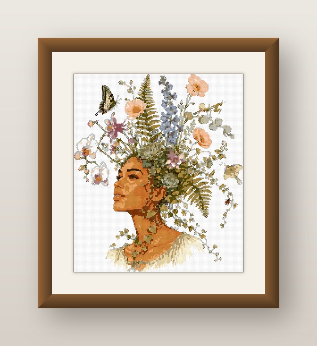 Wildflower Crown Woman Cross Stitch Pattern, Floral Portrait PDF
