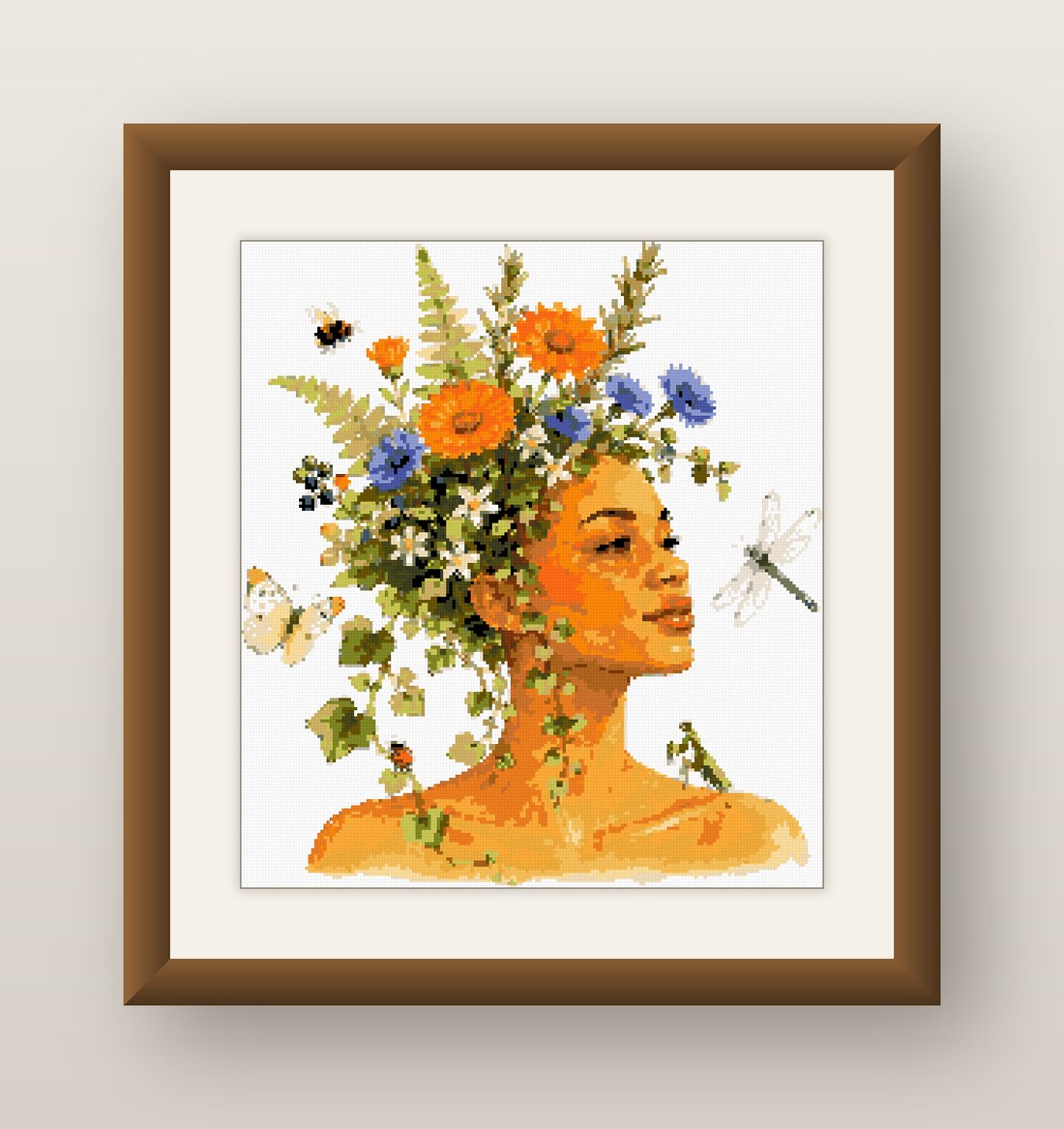 Wildflower Hair Woman Cross Stitch Pattern, Floral Fantasy Portrait PDF