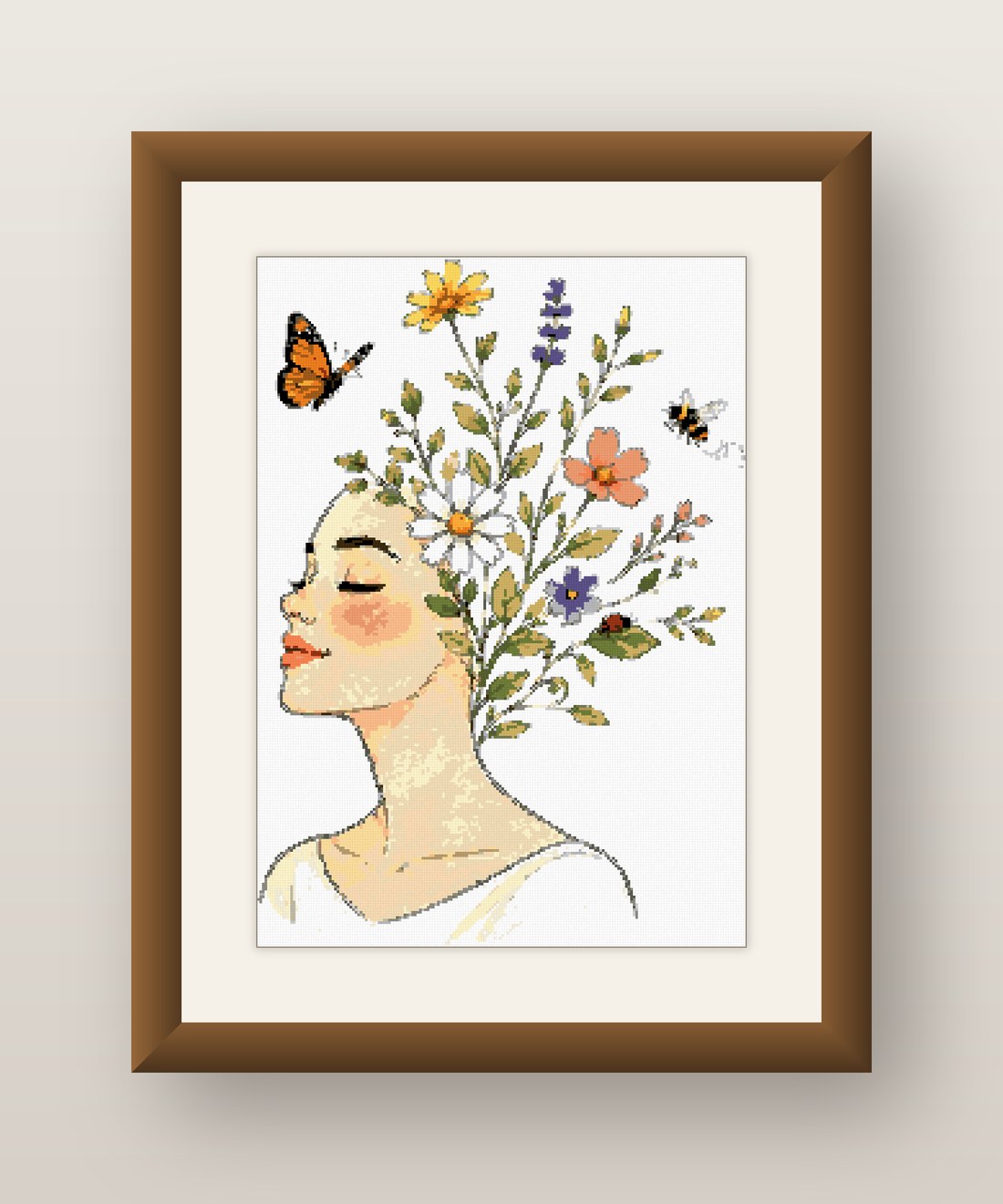 Wildflower Profile Cross Stitch Pattern, Floral Hair Woman Portrait PDF