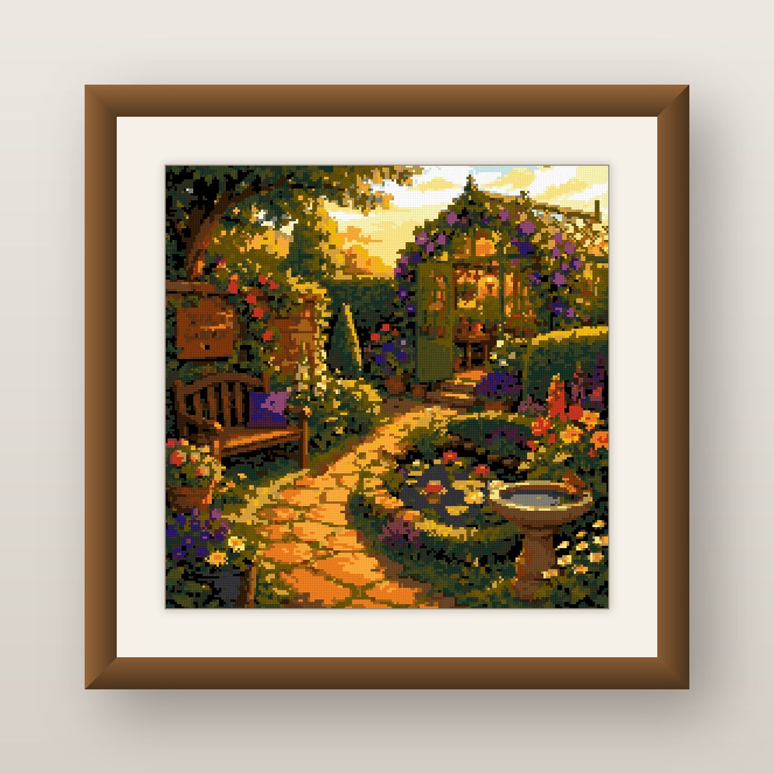 Garden Fountain Cross Stitch Pattern, Pergola Arch Sunset Bloom PDF