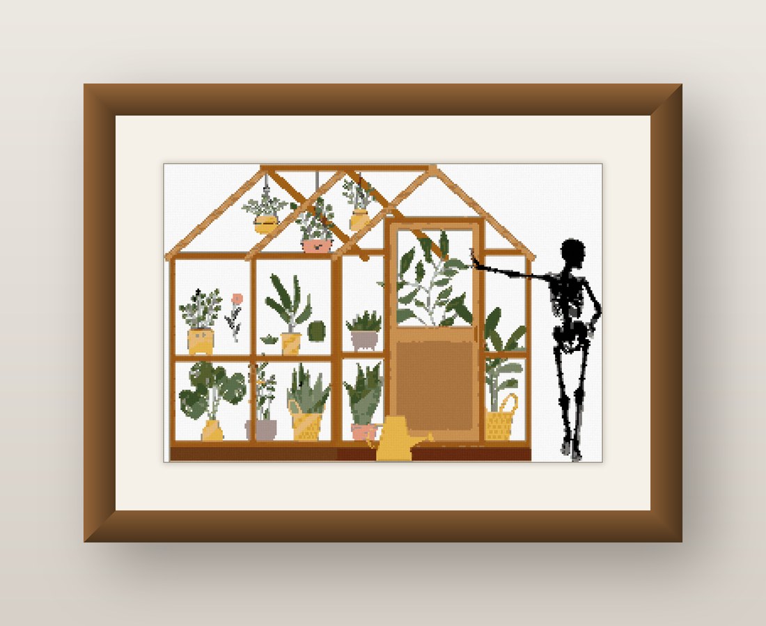 Greenhouse Cross Stitch Pattern, Minimalist Line Art Plants PDF