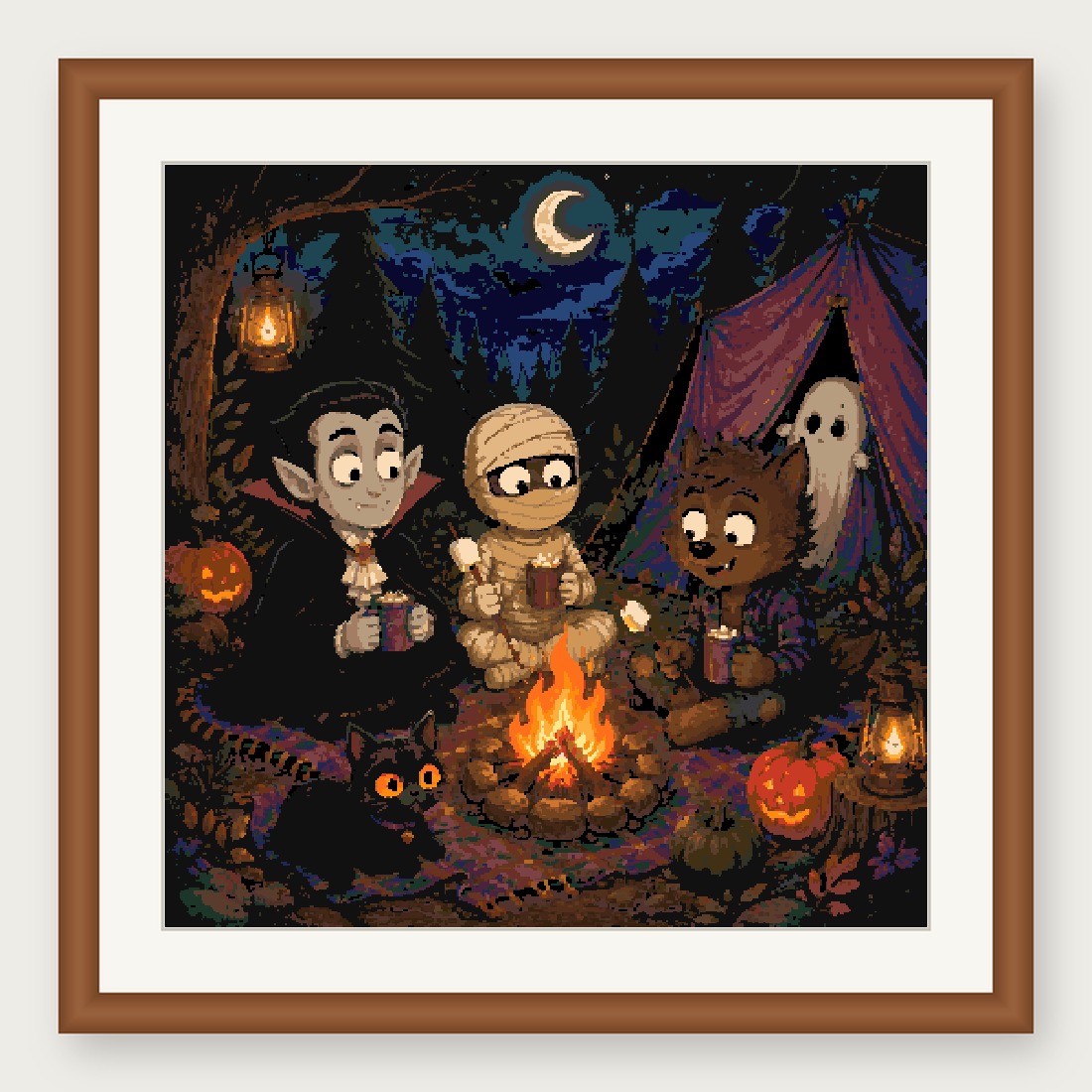 Monster Campfire Cross Stitch Pattern, Halloween Camping PDF