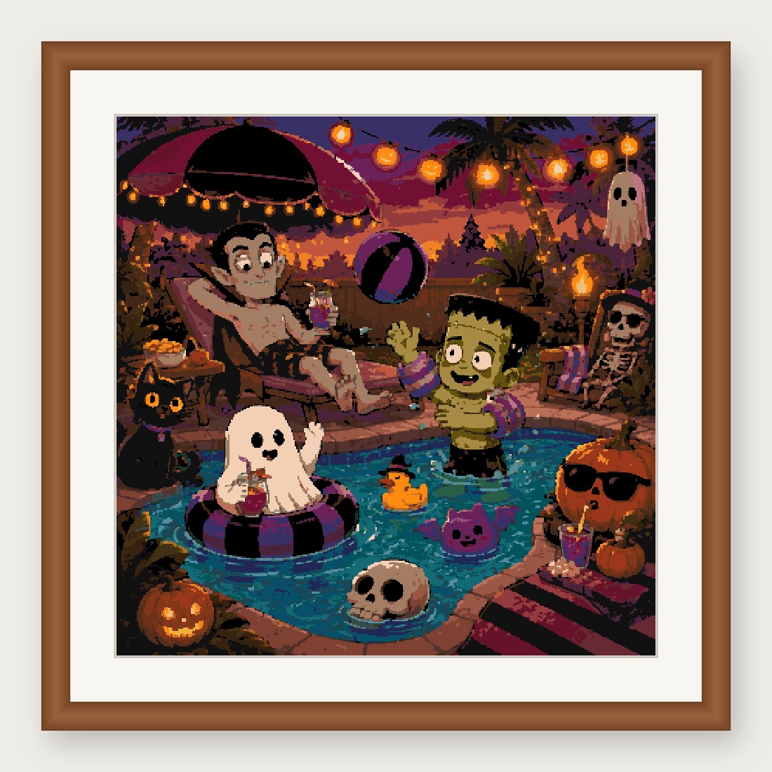 Monster Pool Party Cross Stitch Pattern, Summer Halloween PDF