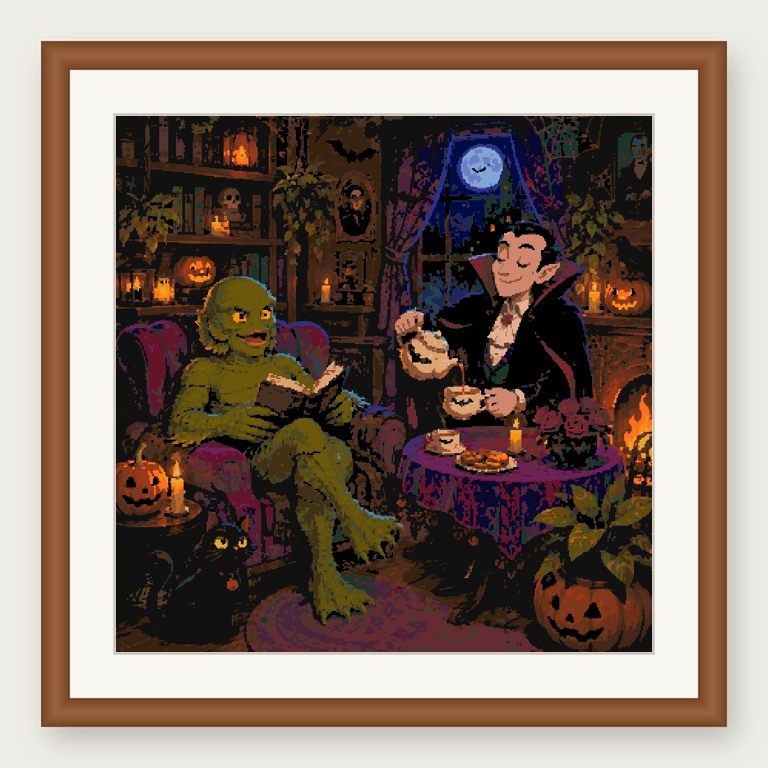 Monster Tea Time Cross Stitch Pattern, Vampire Reading PDF