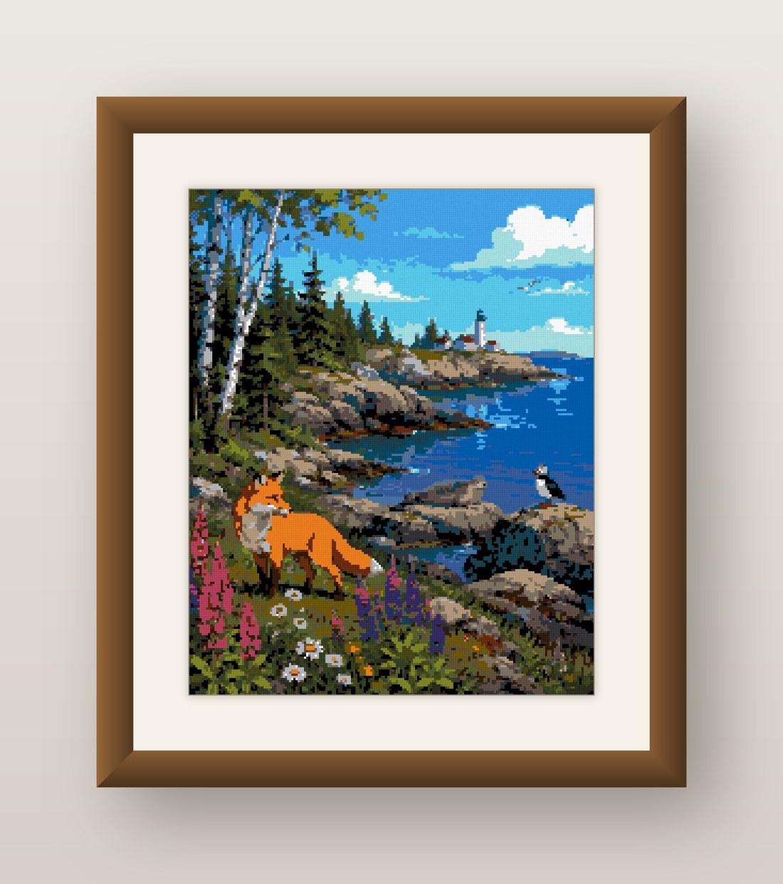 Fox Cross Stitch Pattern, Coastal Lake Lupine Puffin Wildlife PDF