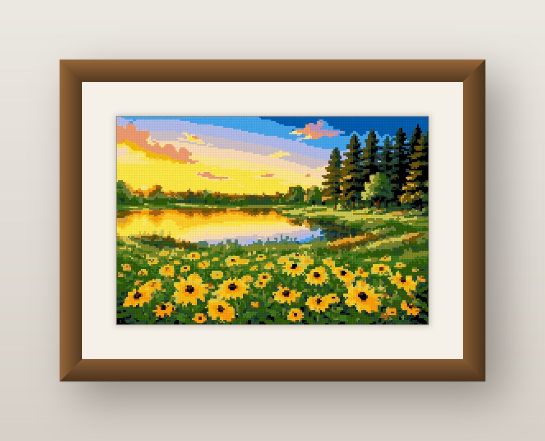 Sunflower Lake Cross Stitch Pattern, Sunset Meadow Landscape PDF