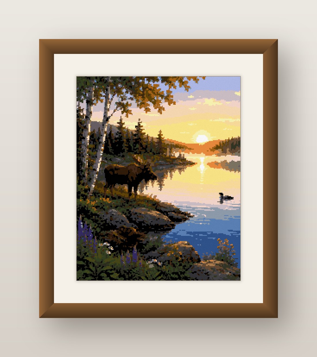 Moose Lake Cross Stitch Pattern, Sunset Pine Forest Loon Wildlife PDF