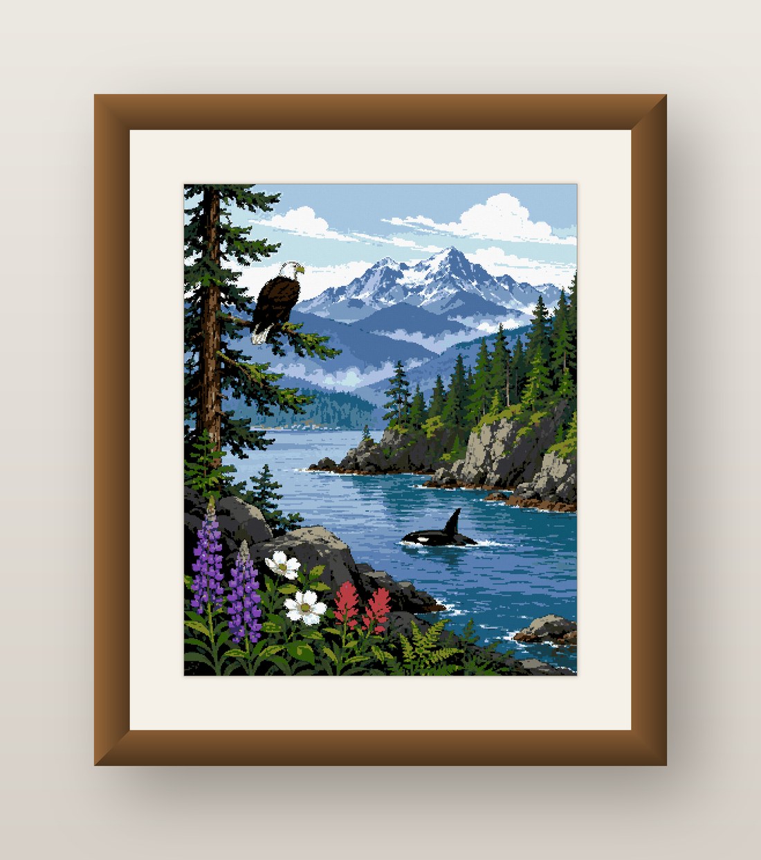 Orca Mountain Cross Stitch Pattern, Killer Whale Eagle Fjord PDF