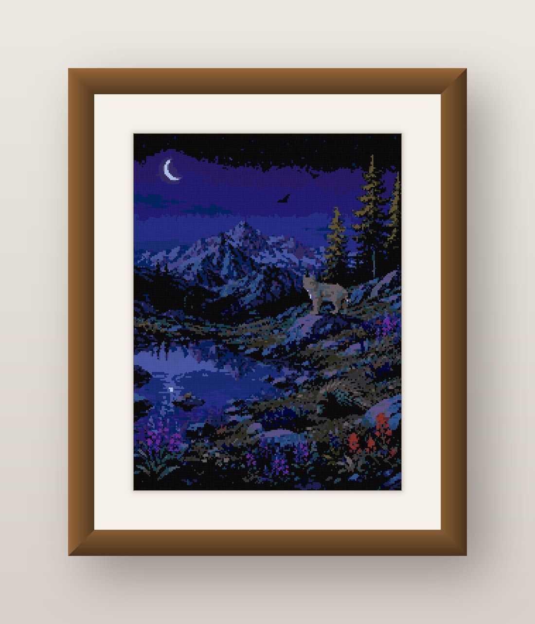 Mountain Night Cross Stitch Pattern, Crescent Moon Lake Pine PDF
