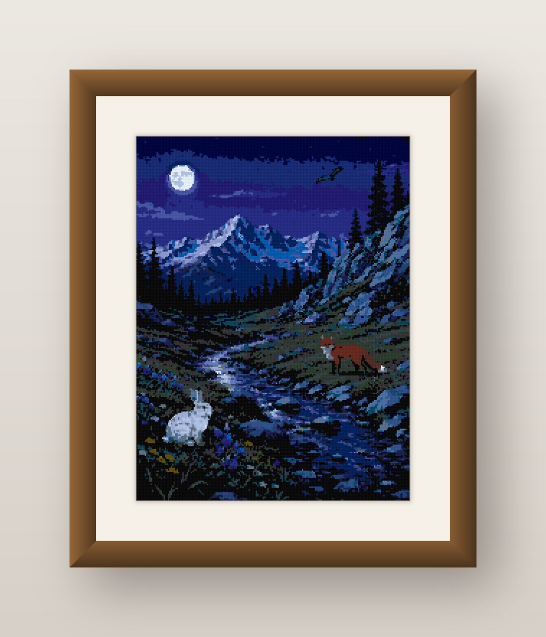 Mountain Night Cross Stitch Pattern, Owl Fox Full Moon Wildlife PDF