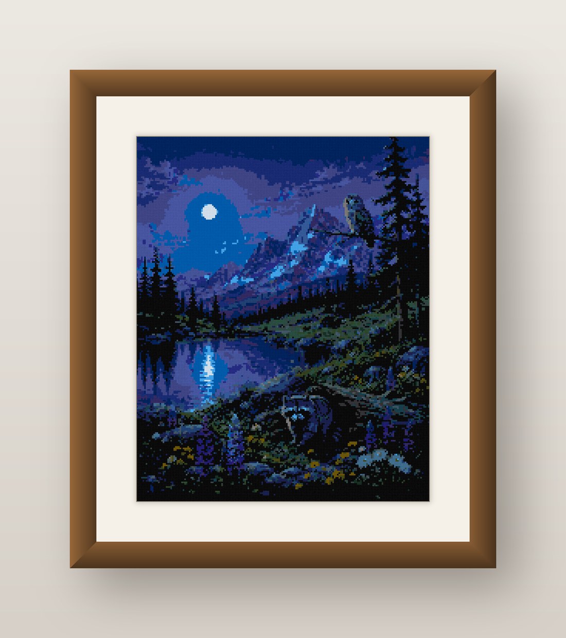 Moonlit Mountain Lake Cross Stitch Pattern, Bear Owl Night PDF