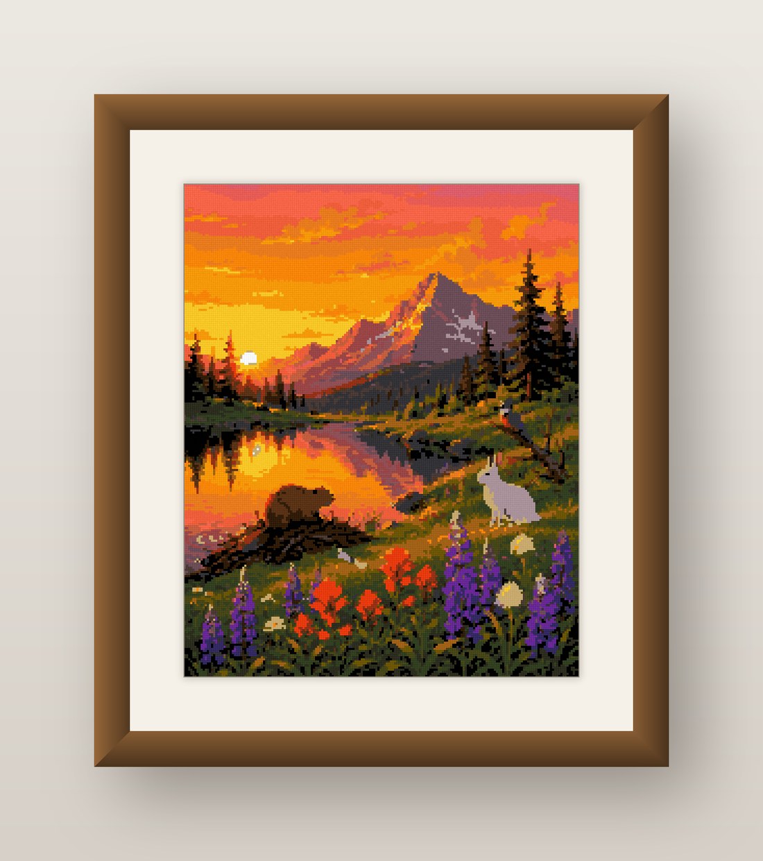Mountain Sunset Cross Stitch Pattern, Lake Beaver Wildflower Wildlife PDF