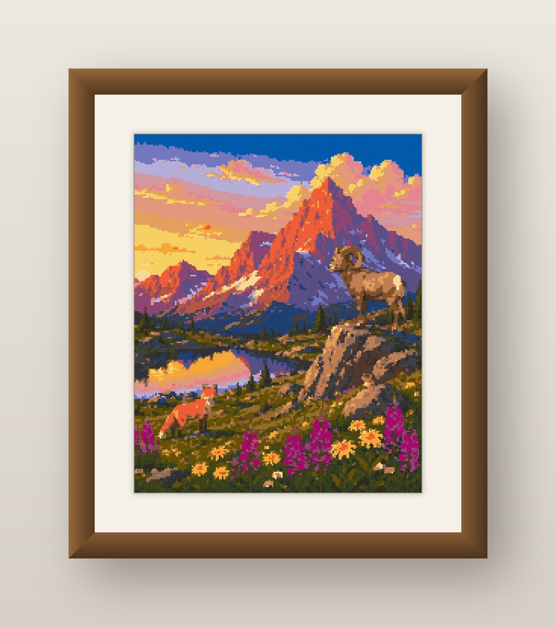 Bighorn Sheep Cross Stitch Pattern, Mountain Sunset Lake Fox PDF