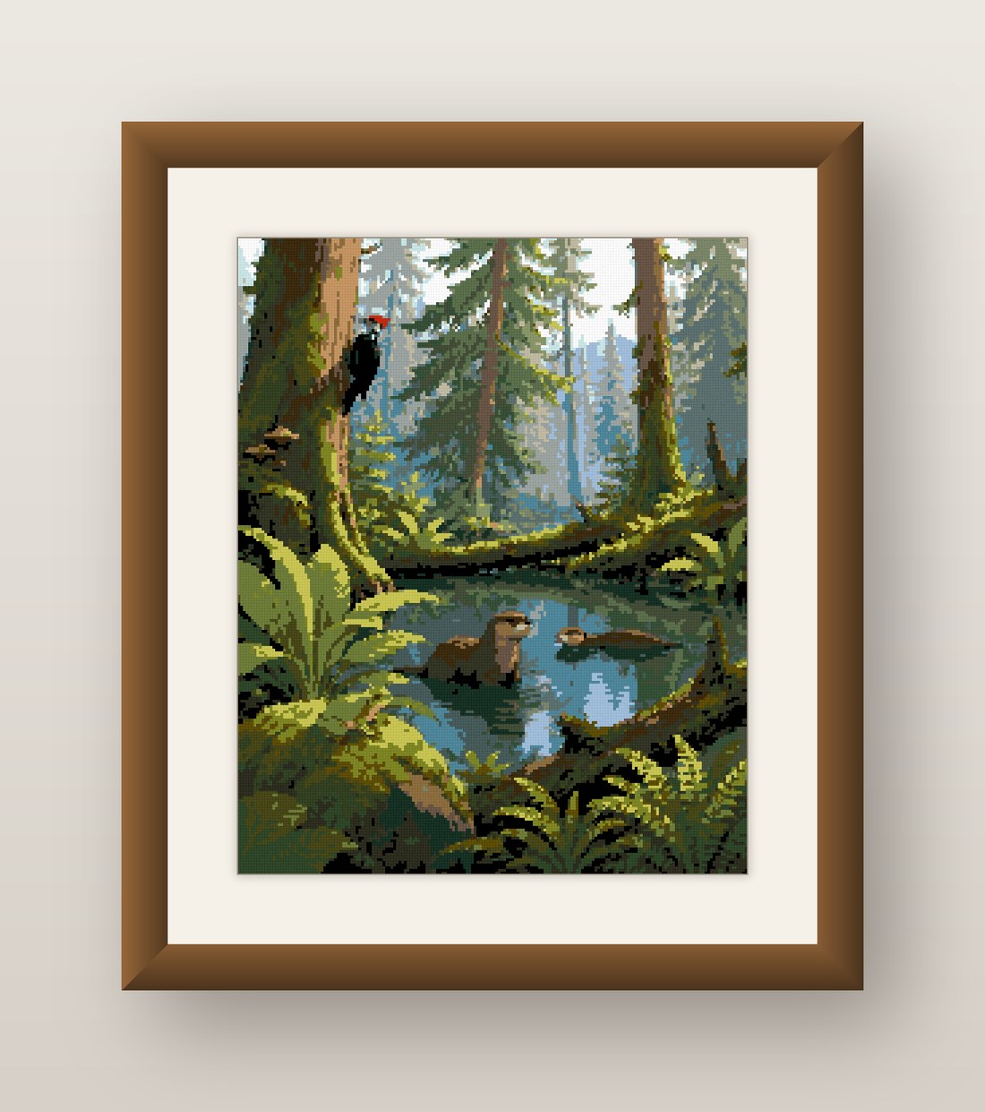 Forest Pond Cross Stitch Pattern, Otters Woodpecker Woodland PDF