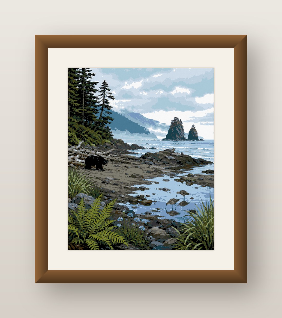 Coastal Black Bear Cross Stitch Pattern, Pacific Sea Stack Shore PDF