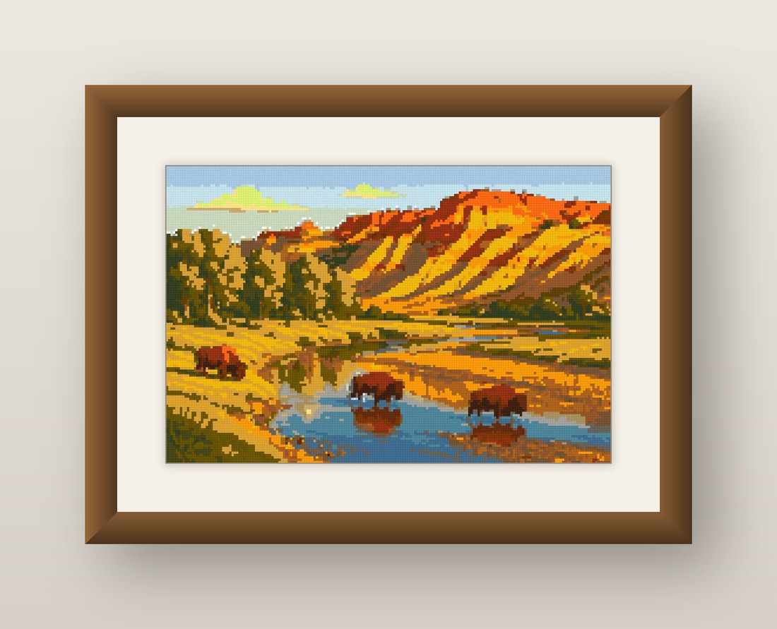 Buffalo River Cross Stitch Pattern, Badlands Bison Mountain PDF
