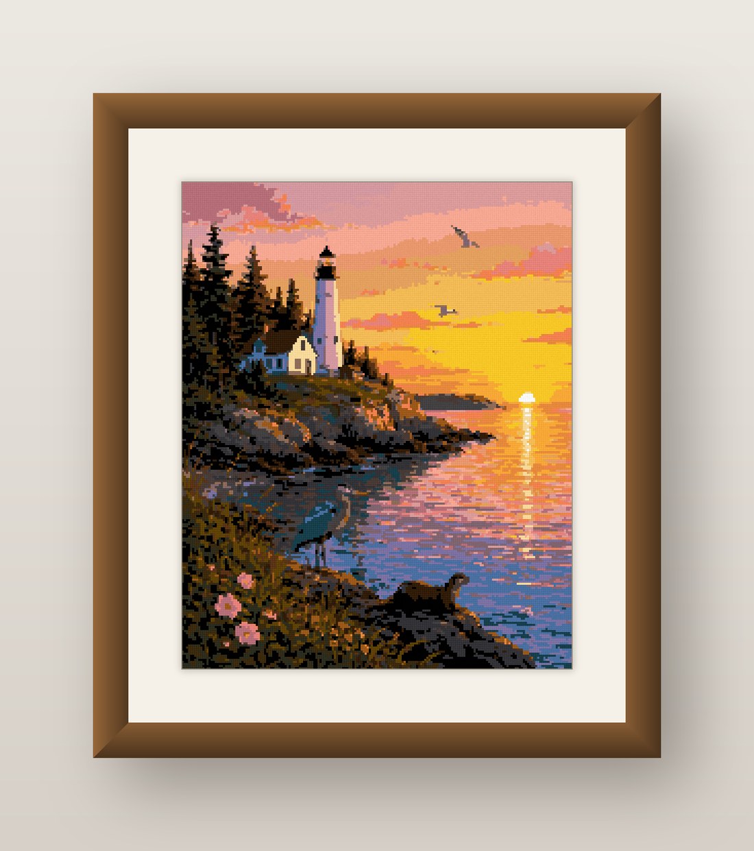 Coastal Lighthouse Sunset Cross Stitch Pattern, Heron & Otter Seascape PDF