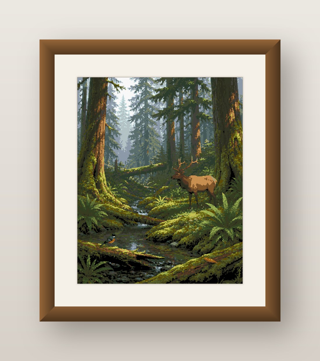 Forest Elk Cross Stitch Pattern, Misty Woodland Stream Wildlife PDF