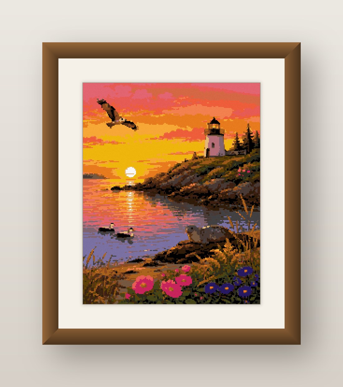 Lighthouse Sunset Cross Stitch Pattern, Coastal Rocky Shore Bird PDF