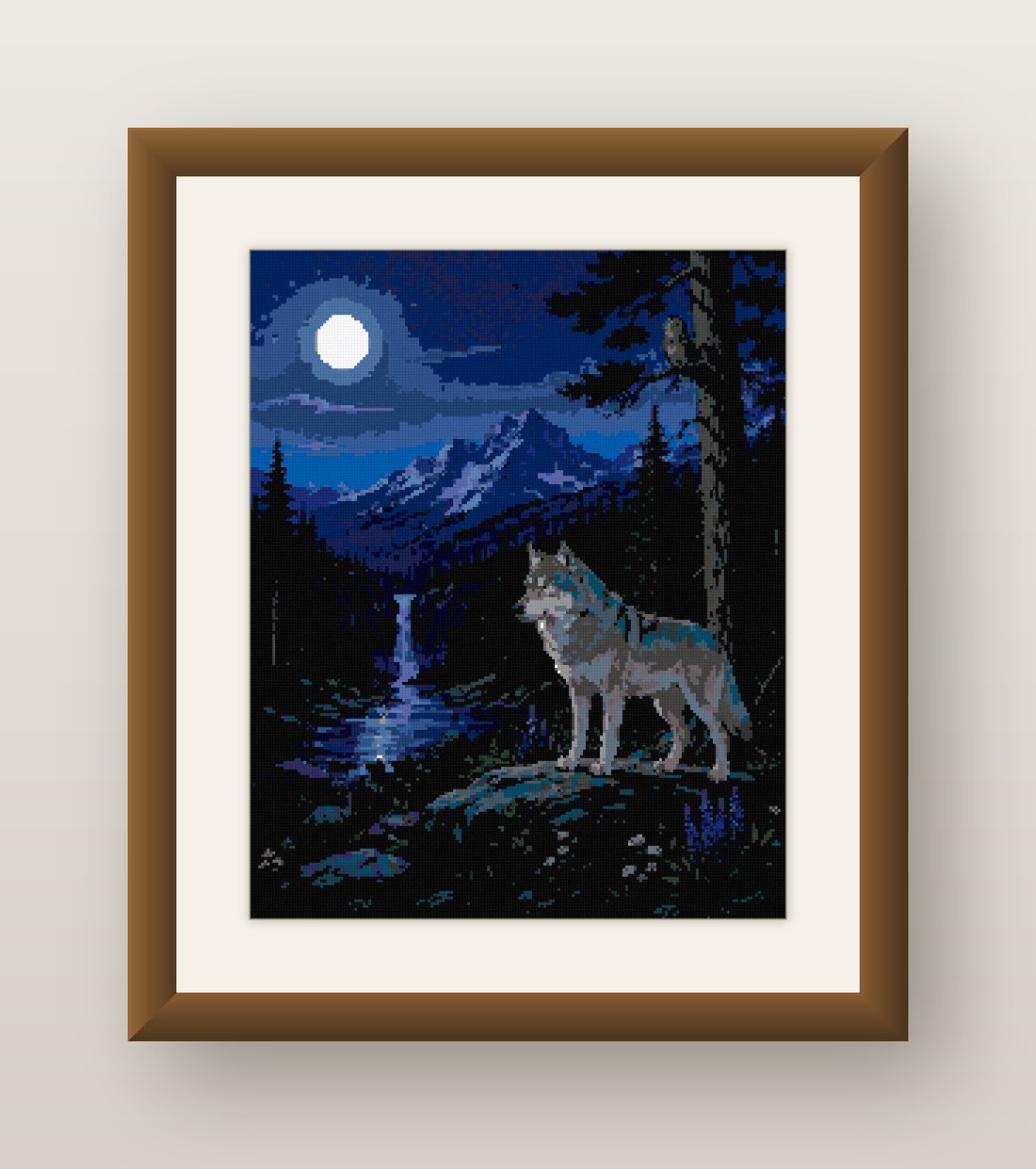 Wolf Waterfall Cross Stitch Pattern, Full Moon Mountain Night Wild PDF