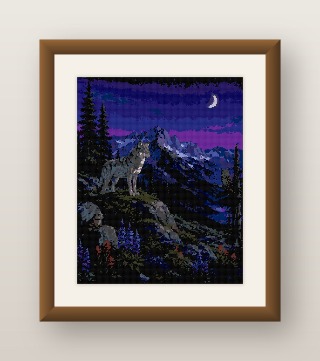 Howling Wolf Cross Stitch Pattern, Crescent Moon Mountain Night PDF
