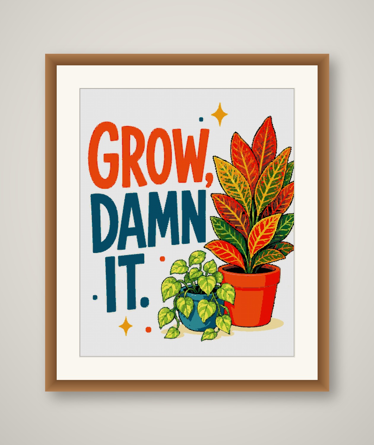 Grow Cross Stitch Pattern, Funny Colorful Plant Pun Wall Art PDF