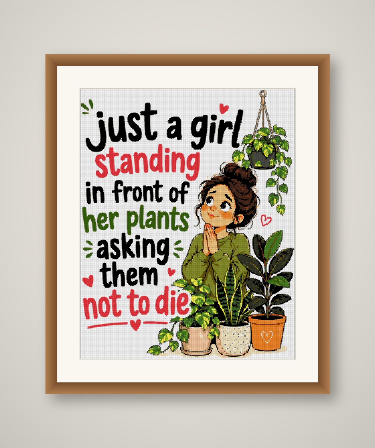 Just a Girl and Her Plants Cross Stitch Pattern, Plant Lady Wall Art PDF