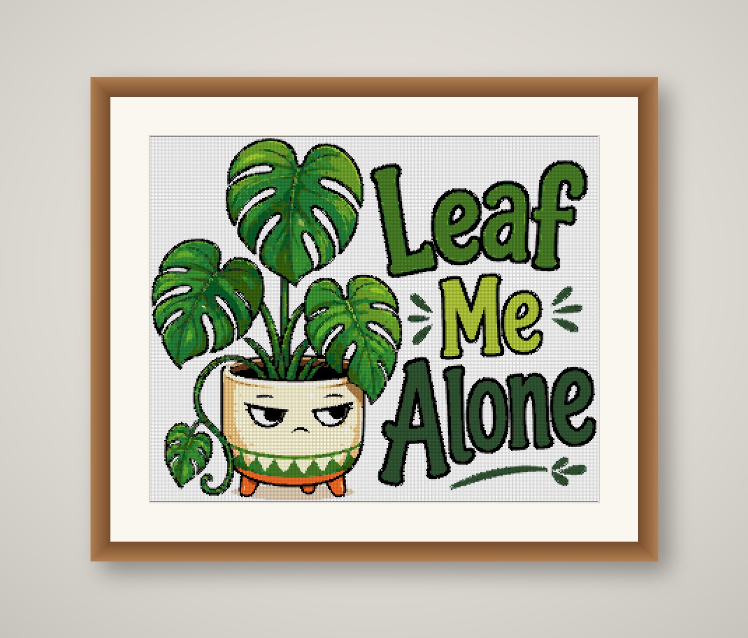 Leaf Me Alone Cross Stitch Pattern, Grumpy Plant Pun Wall Art PDF
