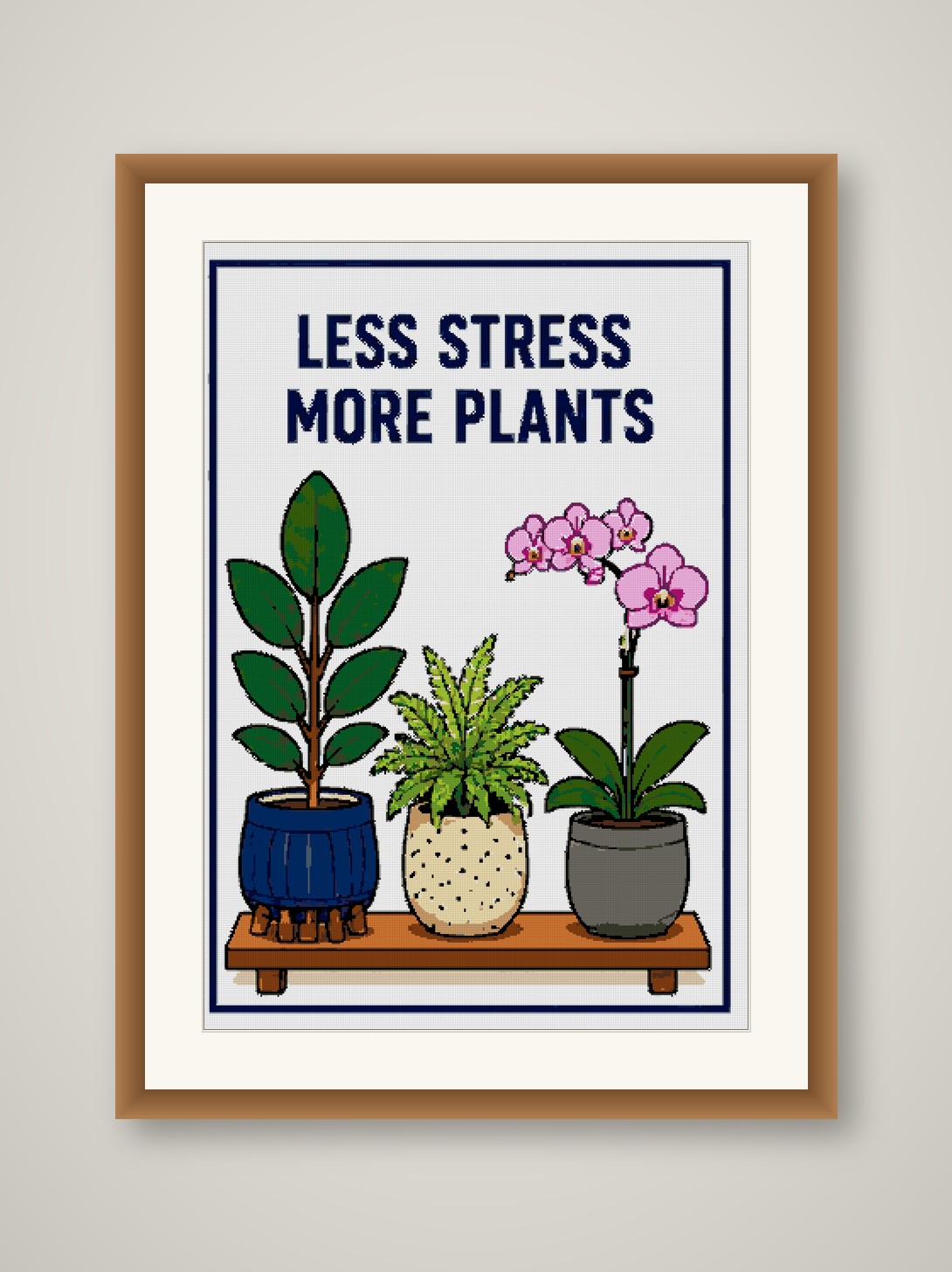 Less Stress More Plants Cross Stitch Pattern, Plant Quote Wall Art PDF