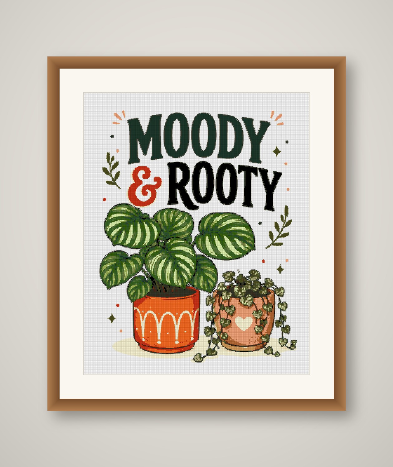 Moody and Rooty Cross Stitch Pattern, Cute Potted Plant Pun Wall Art PDF