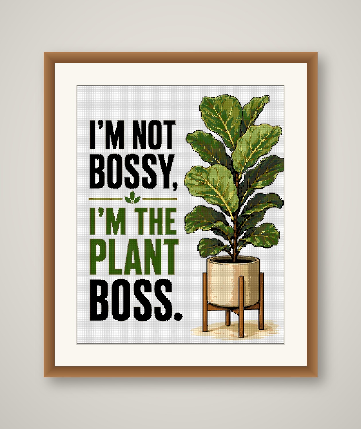 Plant Boss Cross Stitch Pattern, Fiddle Leaf Fig Plant Pun Wall Art PDF