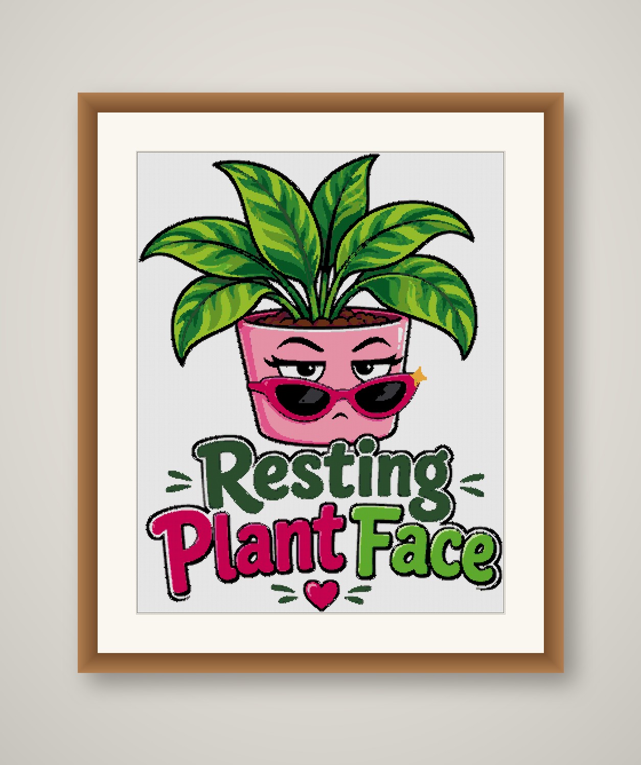 Resting Plant Face Cross Stitch Pattern, Funny Plant Pun Wall Art PDF