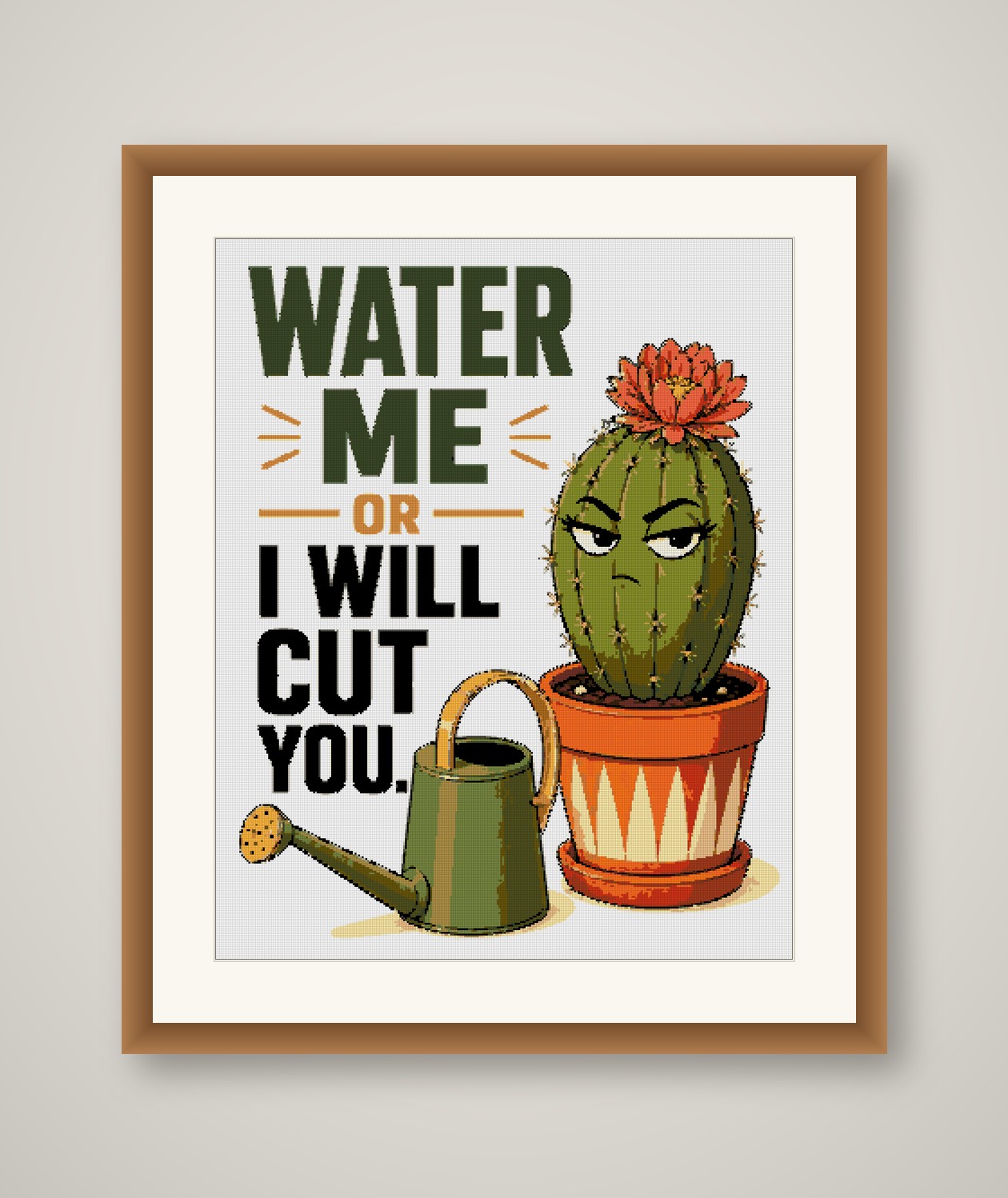 Water Me Cross Stitch Pattern, Funny Cactus Plant Pun Wall Art PDF