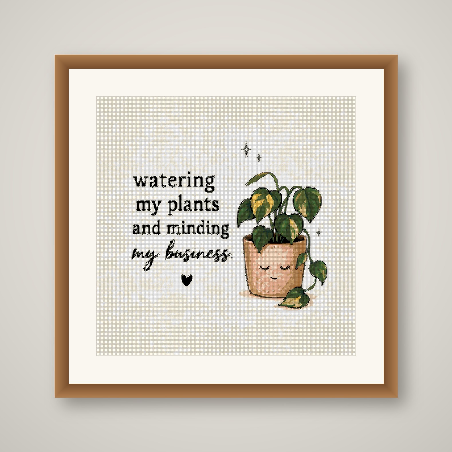 Minding My Business Cross Stitch Pattern, Cute Plant Quote Wall Art PDF